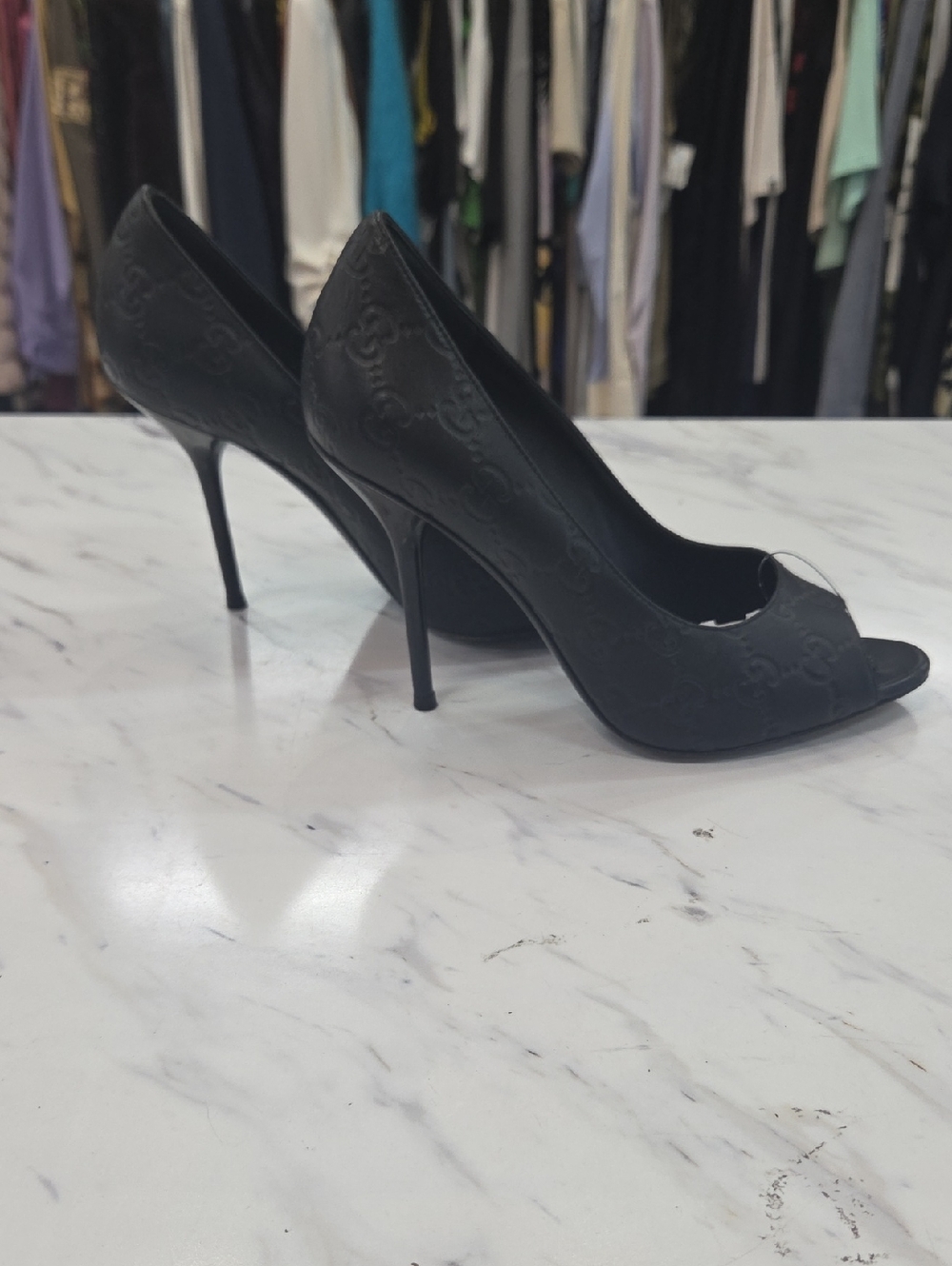 Gucci Black Embossed Open-Toe Stiletto Pumps